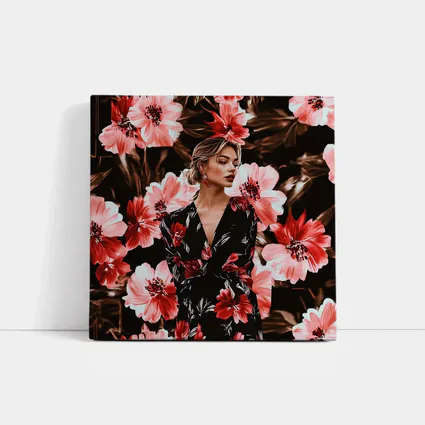 Woman in Floral Dress Dark Botanical Background