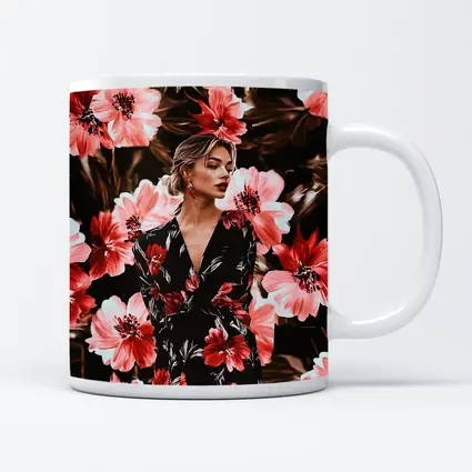 Woman in Floral Dress Dark Botanical Background