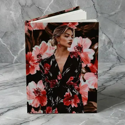 Woman in Floral Dress Dark Botanical Background