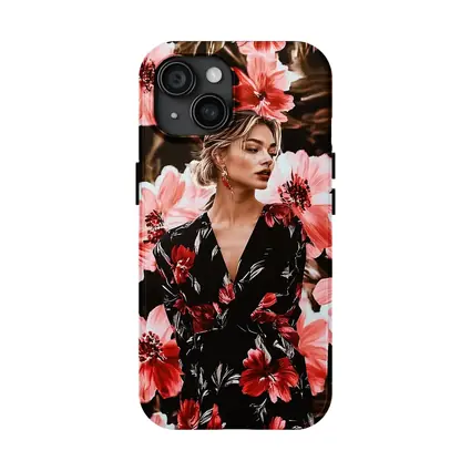 Woman in Floral Dress Dark Botanical Background