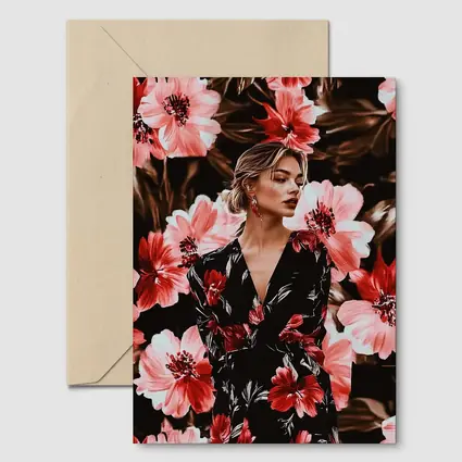 Woman in Floral Dress Dark Botanical Background