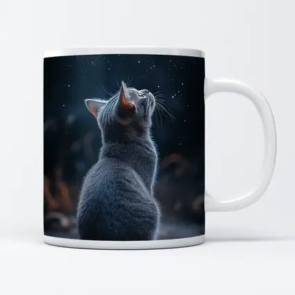 Gray Cat Gazing Up At Starry Night