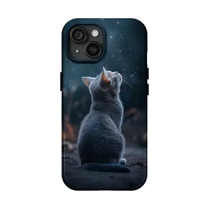 Gray Cat Gazing Up At Starry Night