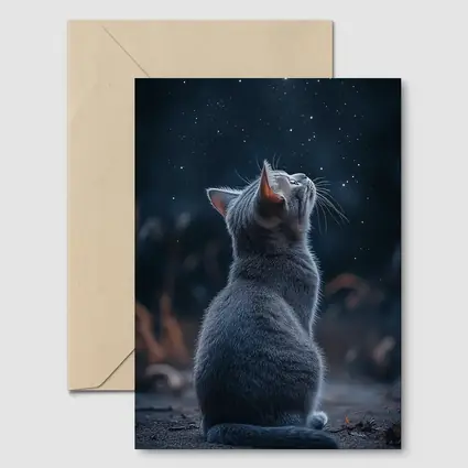 Gray Cat Gazing Up At Starry Night