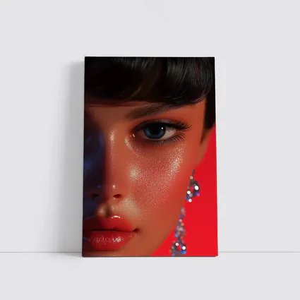Close Up Woman Portrait Red Background Blue Eyes