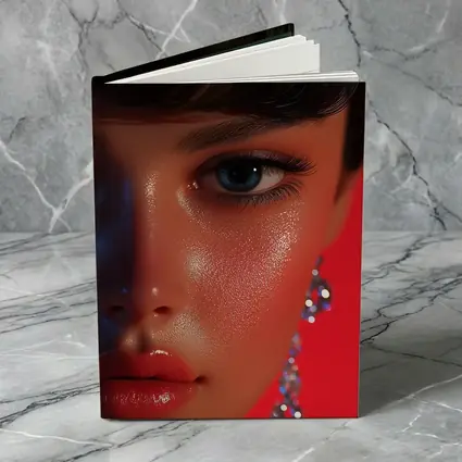 Close Up Woman Portrait Red Background Blue Eyes