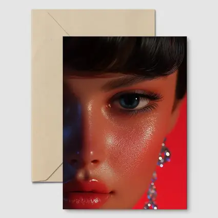 Close Up Woman Portrait Red Background Blue Eyes