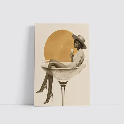 Woman Sitting In Champagne Glass Gold Sun