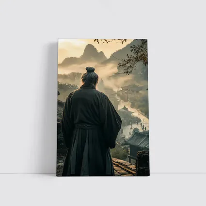 Samurai Elder Overlooking Misty Ancient Village
