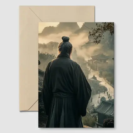 Samurai Elder Overlooking Misty Ancient Village