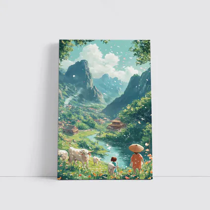 Anime Valley Village Children and Cows