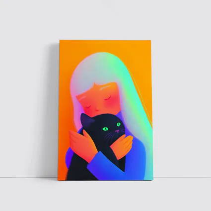 Girl Hugging Black Cat Rainbow Hair