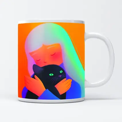 Girl Hugging Black Cat Rainbow Hair
