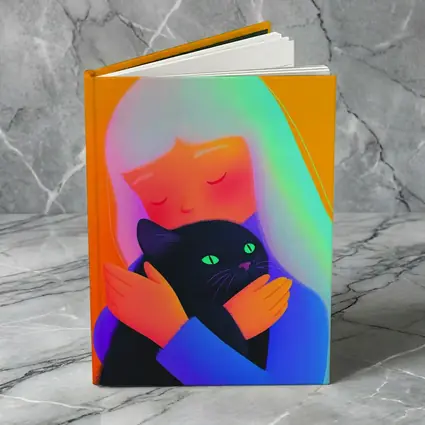 Girl Hugging Black Cat Rainbow Hair