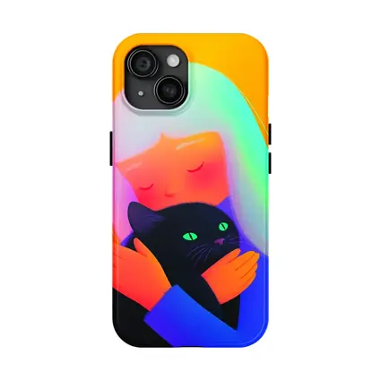 Girl Hugging Black Cat Rainbow Hair