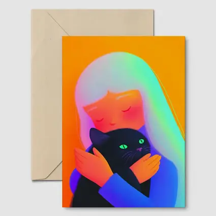 Girl Hugging Black Cat Rainbow Hair
