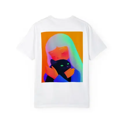 Girl Hugging Black Cat Rainbow Hair