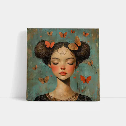 Girl With Butterflies Teal Vintage Painting