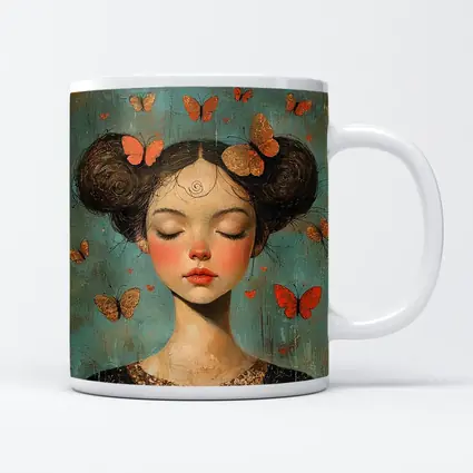Girl With Butterflies Teal Vintage Painting