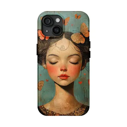 Girl With Butterflies Teal Vintage Painting