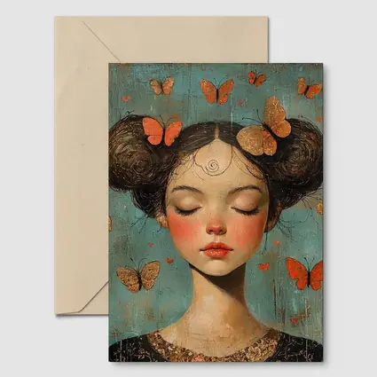 Girl With Butterflies Teal Vintage Painting