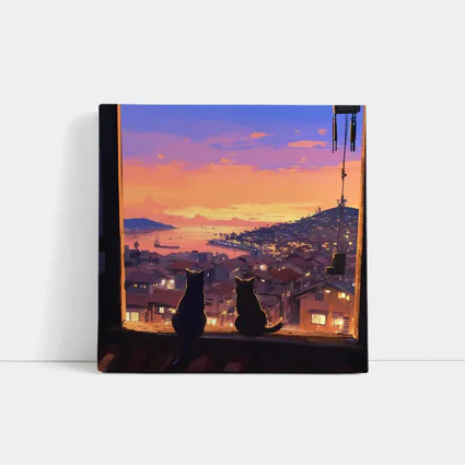 Two Cats Watching Anime City Sunset