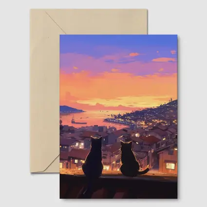 Two Cats Watching Anime City Sunset