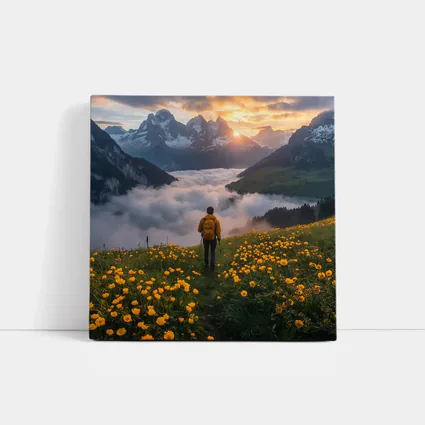 Hiker Standing Alpine Meadow Yellow Flowers Mountains