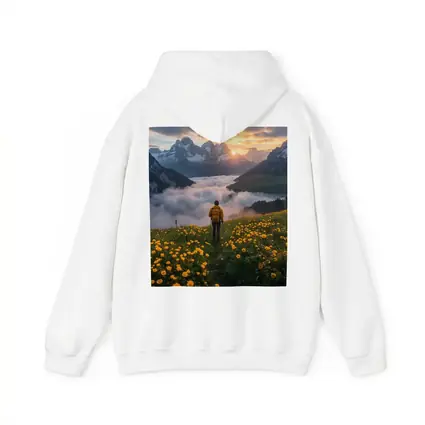 Hiker Standing Alpine Meadow Yellow Flowers Mountains