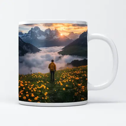 Hiker Standing Alpine Meadow Yellow Flowers Mountains