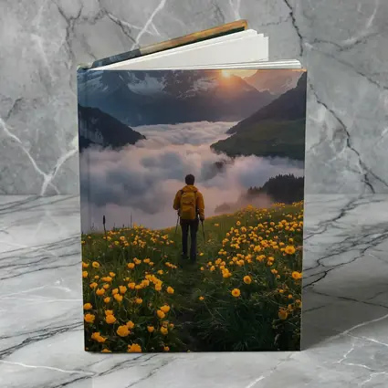 Hiker Standing Alpine Meadow Yellow Flowers Mountains