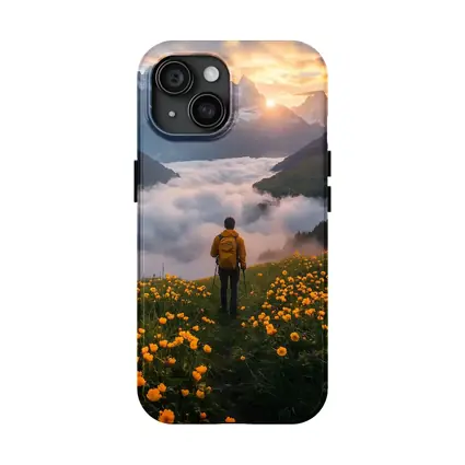 Hiker Standing Alpine Meadow Yellow Flowers Mountains