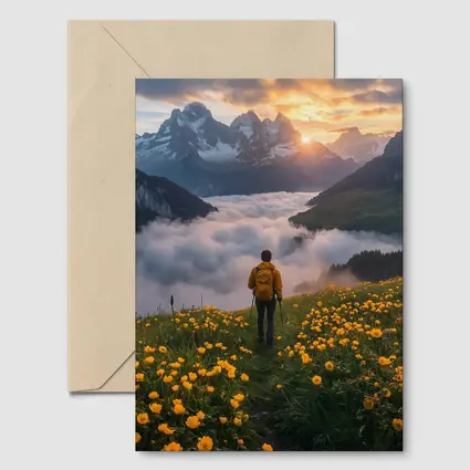 Hiker Standing Alpine Meadow Yellow Flowers Mountains
