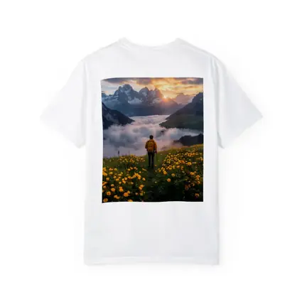 Hiker Standing Alpine Meadow Yellow Flowers Mountains