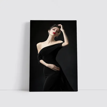 Elegant Woman Black Dress Dark Background
