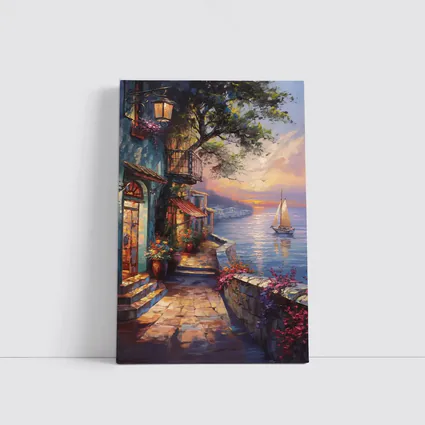 Mediterranean Coastal Village Sunset Sailboat Painting