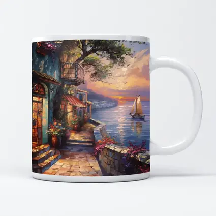 Mediterranean Coastal Village Sunset Sailboat Painting
