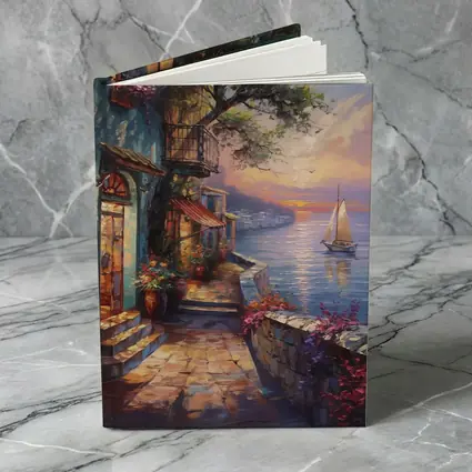 Mediterranean Coastal Village Sunset Sailboat Painting
