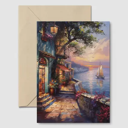 Mediterranean Coastal Village Sunset Sailboat Painting