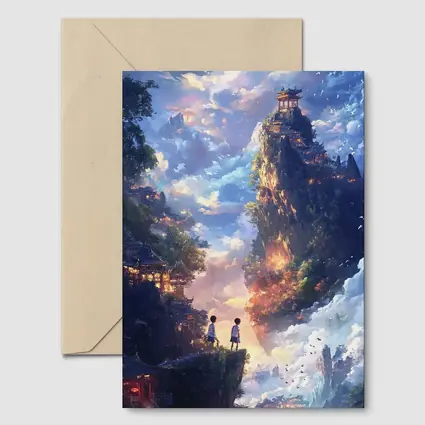 Anime Children Floating Mountain Sky Fantasy