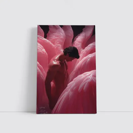 Nude Man Among Pink Flamingo Wings