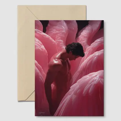 Nude Man Among Pink Flamingo Wings