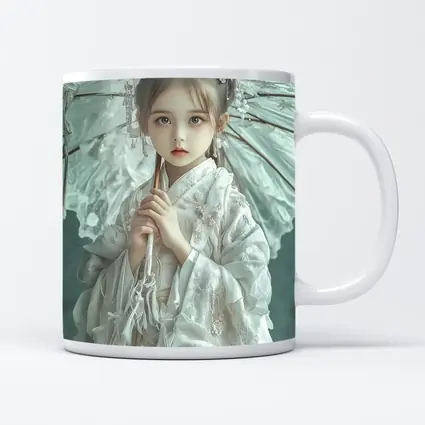 Chinese Girl White Hanfu Parasol Teal Background