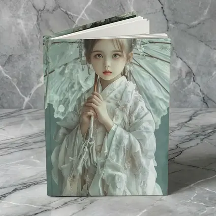 Chinese Girl White Hanfu Parasol Teal Background