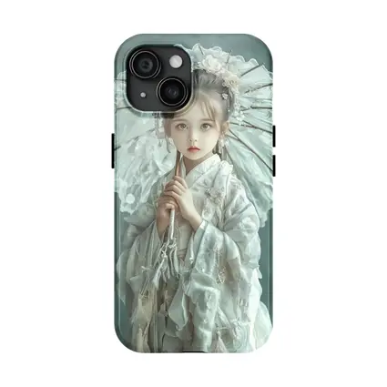 Chinese Girl White Hanfu Parasol Teal Background