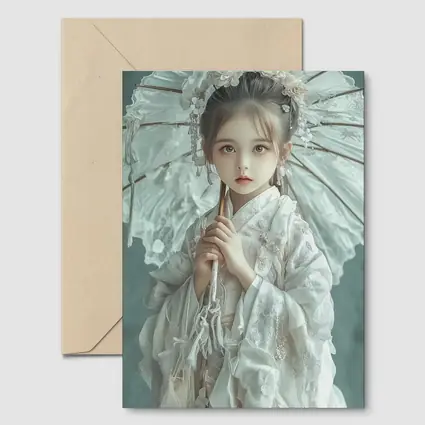 Chinese Girl White Hanfu Parasol Teal Background