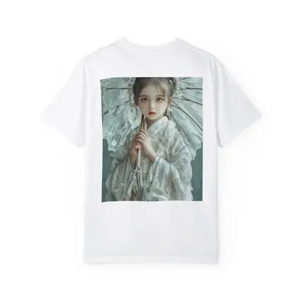 Chinese Girl White Hanfu Parasol Teal Background