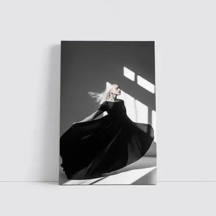 Woman Black Dress Dancing Gray Studio