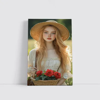Young Woman Roses Basket Sunny Field