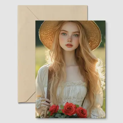 Young Woman Roses Basket Sunny Field